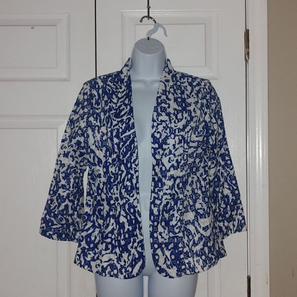 Peck & Peck royal blue white embroidered eyelet open front jacket blazer  Sz M